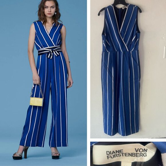 Diane Von Furstenberg Blue White Striped Crossover Jumpsuit 37651 - Picture 1 of 12